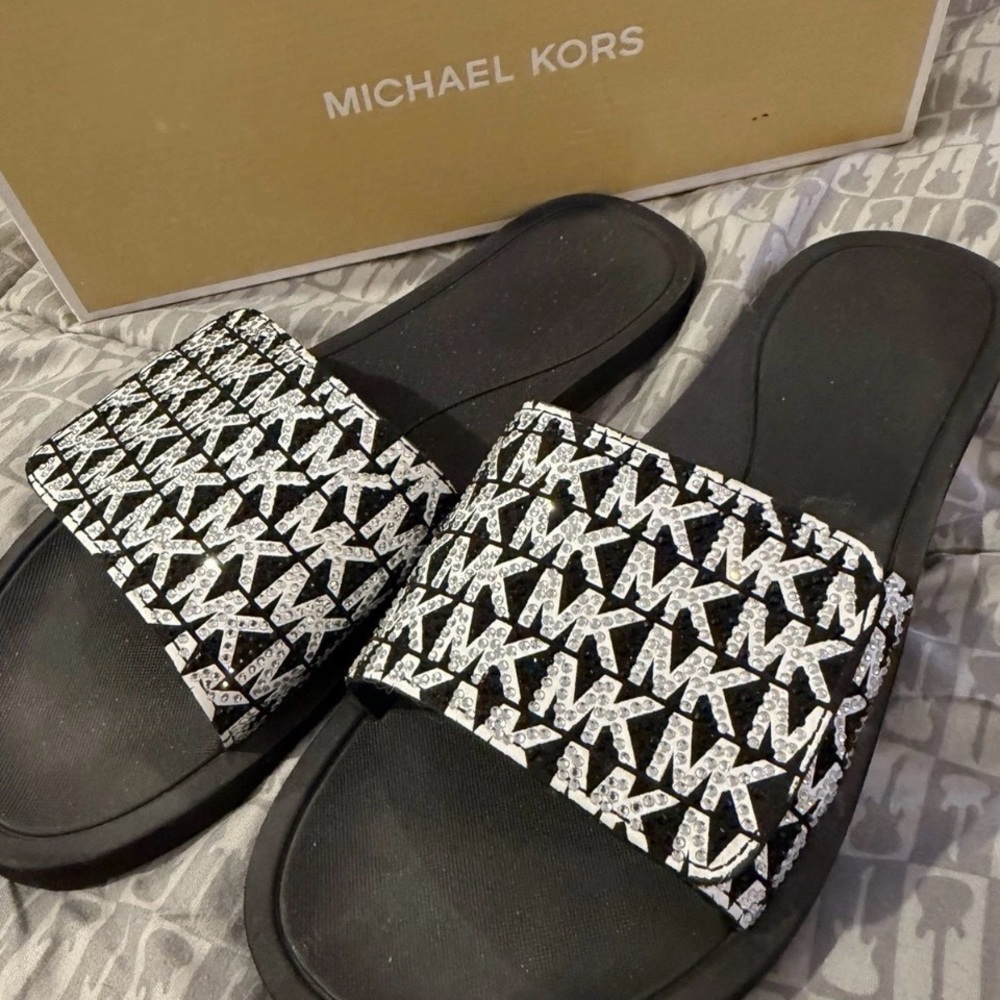 Michael Kors black optic white sequins slides size 8